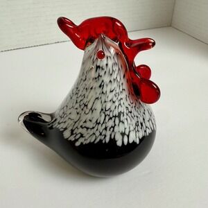 Murano Style Art Glass Rooster Figurine Black White Red 5.5 Vintage ItalianLook